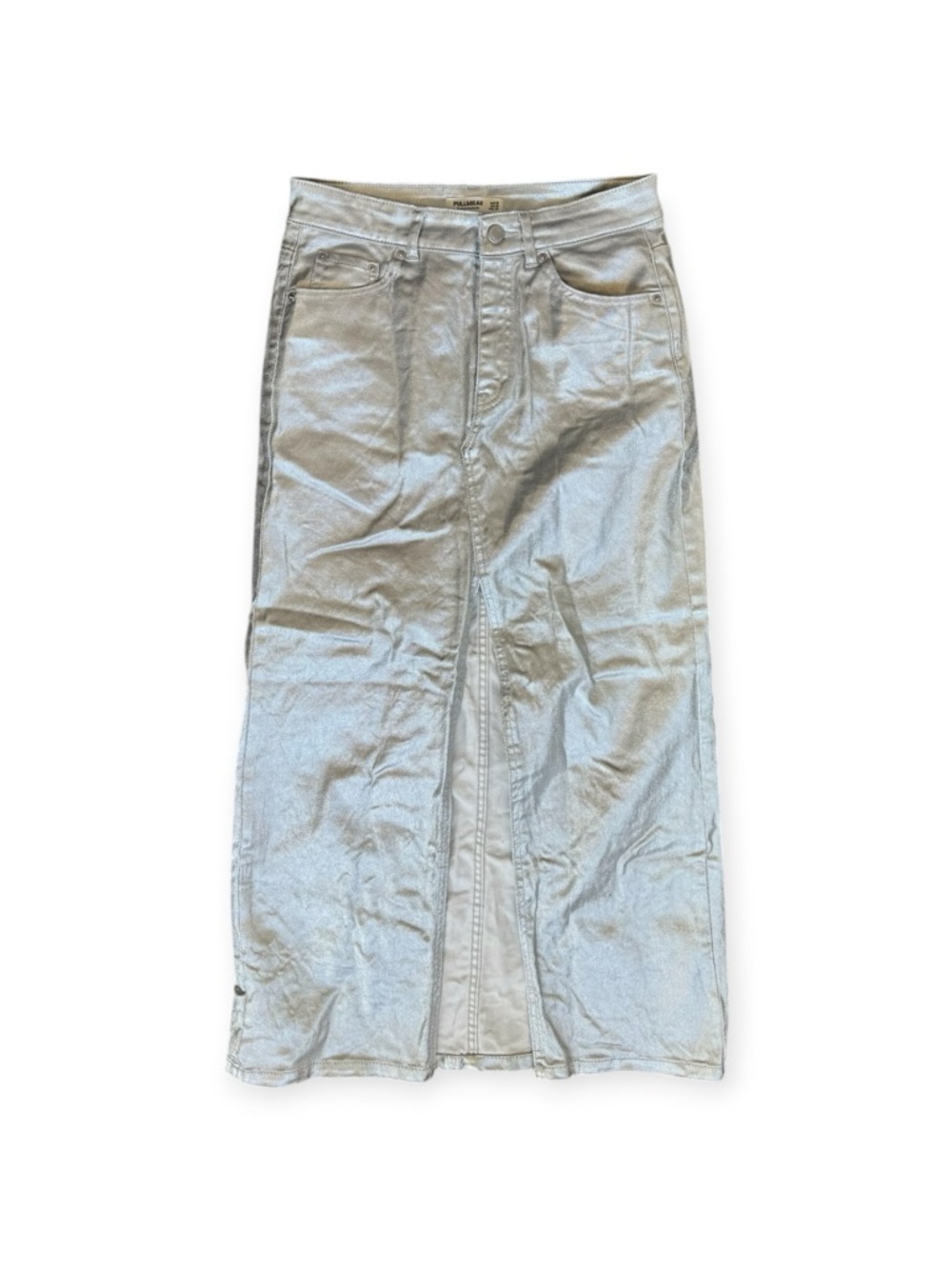 Pull & Bear Metallic silver long skirt slit front y2K